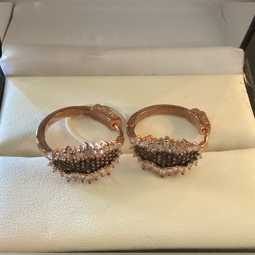 Rose Gold Tone Pavé Hoop Earrings with Brown and Clear Stones